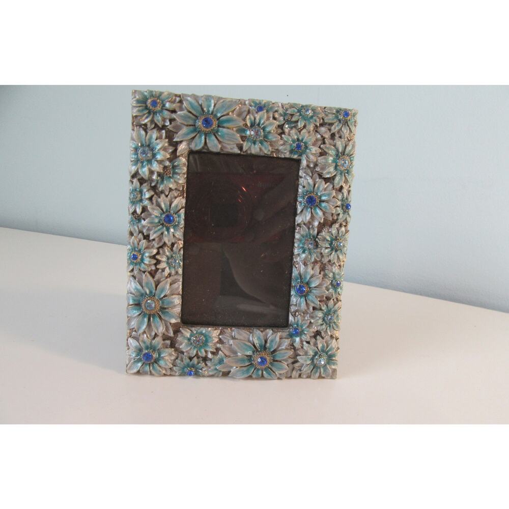 Vtg. Floral Design Teal Enamel Metal Picture Frame Blue Rhinestones Glass 2 X 3"